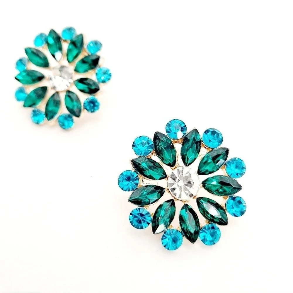 Green Turquoise Rhinestone Cluster Flower Statement Stud Earrings formal prom 💖